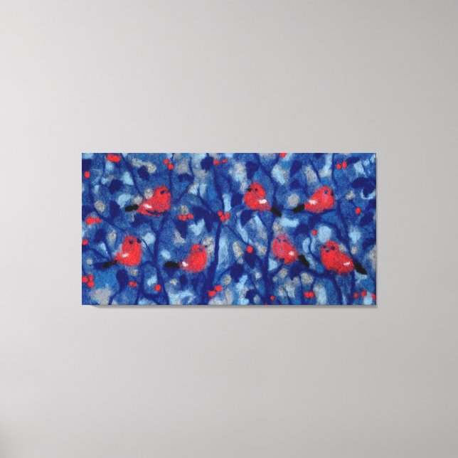 Bullfinches, red birds blue forest trees fibre art canvas print (Front)