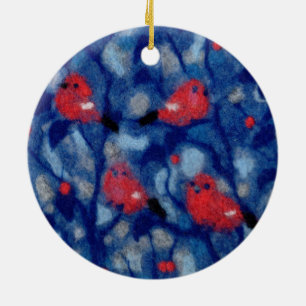 Bullfinches, red birds blue forest trees fibre art ceramic ornament