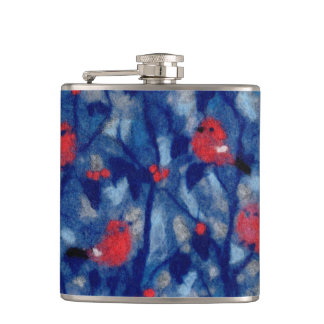 Bullfinches, red birds blue forest trees fibre art hip flask