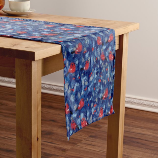 Bullfinches, red birds blue forest trees fibre art short table runner (In Situ)
