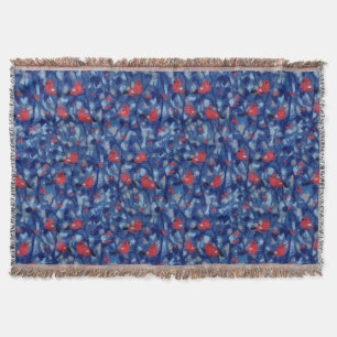 Bullfinches, red birds blue forest trees fibre art throw blanket