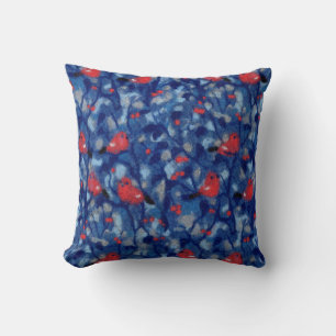 Bullfinches, red birds blue forest trees fibre art throw pillow