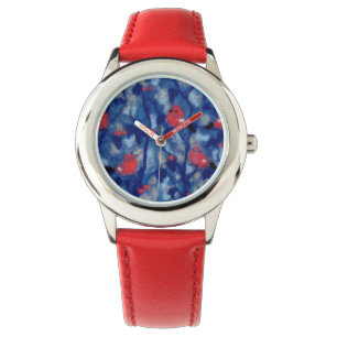 Bullfinches, red birds blue forest trees fibre art watch