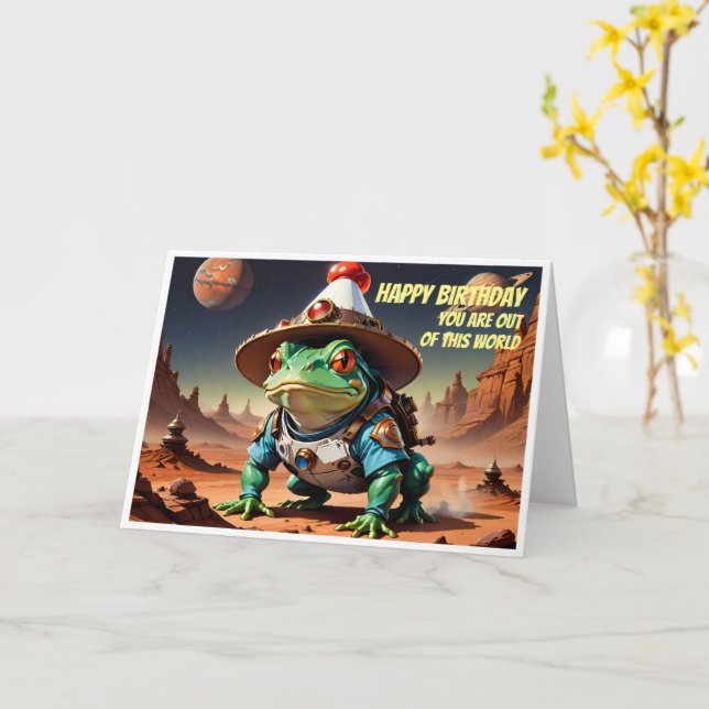 Bullfrog wearing birthday hat and spacesuit  card (Yellow Flower)
