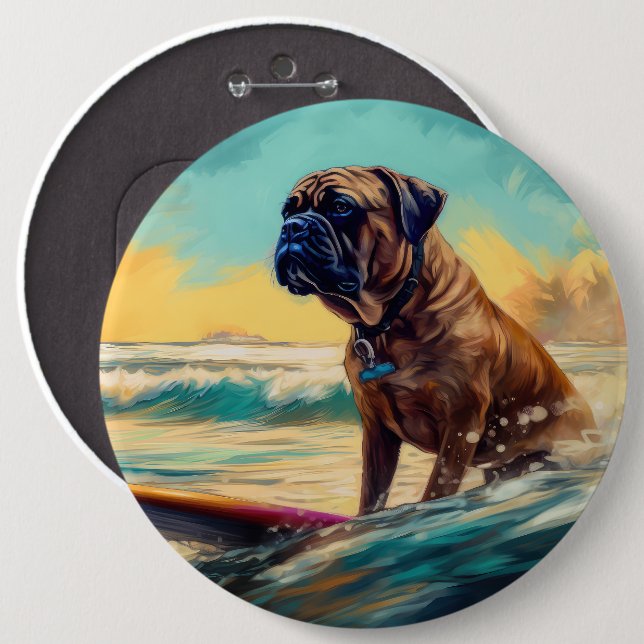 Bullmastiff Beach Surfing Painting  6 Inch Round Button (Front & Back)