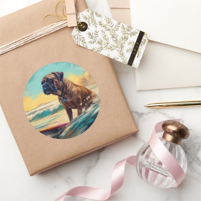 Bullmastiff Beach Surfing Painting  Classic Round Sticker (Gifting)
