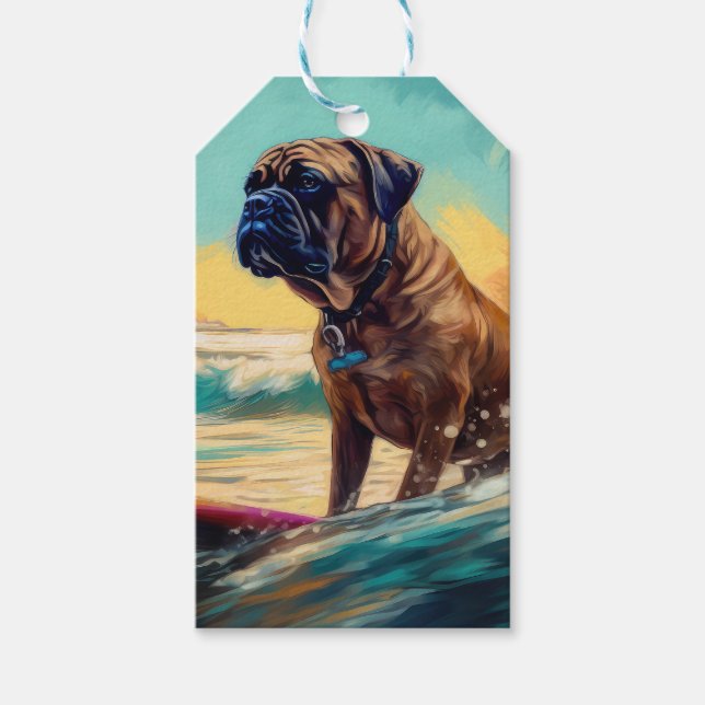 Bullmastiff Beach Surfing Painting  Gift Tags (Front)