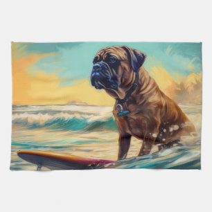 Bullmastiff Beach Surfing Painting  Kitchen Towel