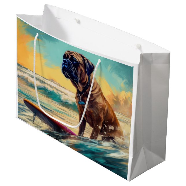 Bullmastiff Beach Surfing Painting  Large Gift Bag (Front Angled)