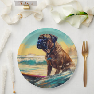 Bullmastiff Beach Surfing Painting  Paper Plate