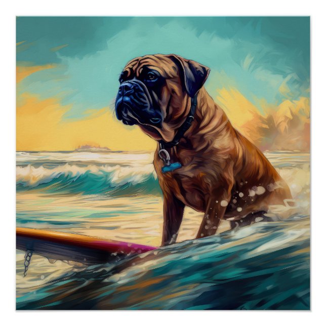 Bullmastiff Beach Surfing Painting  Poster (Front)