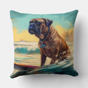 Bullmastiff Beach Surfing Painting Throw Pillow