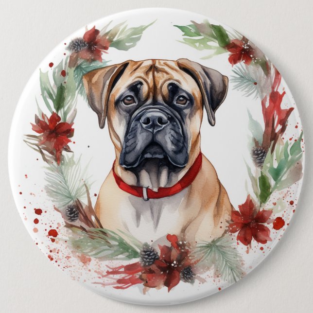 Bullmastiff Christmas Wreath Festive Pup  6 Inch Round Button (Front)