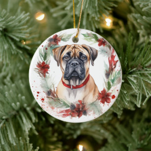 Bullmastiff Christmas Wreath Festive Pup Ceramic Ornament