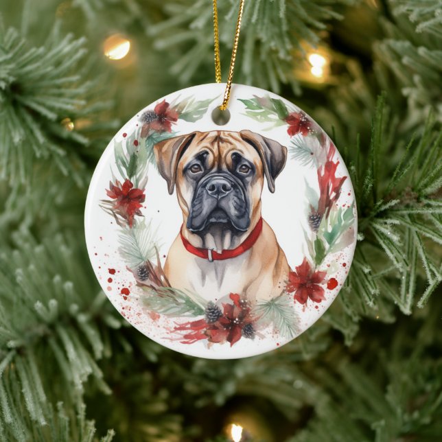 Bullmastiff Christmas Wreath Festive Pup  Ceramic Ornament (Tree)