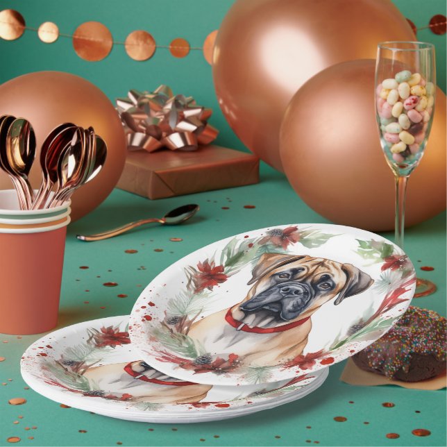 Bullmastiff Christmas Wreath Festive Pup  Paper Plate (Multi)
