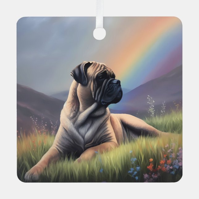 Bullmastiff Dog Custom Name Rainbow Memorial Metal Ornament (Front)