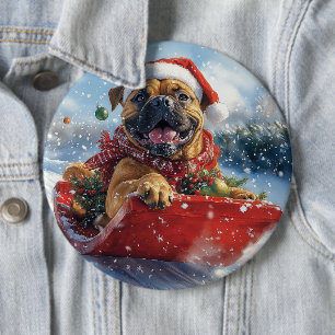 Bullmastiff Dog in Sledge Let it Snow Christmas 6 Inch Round Button