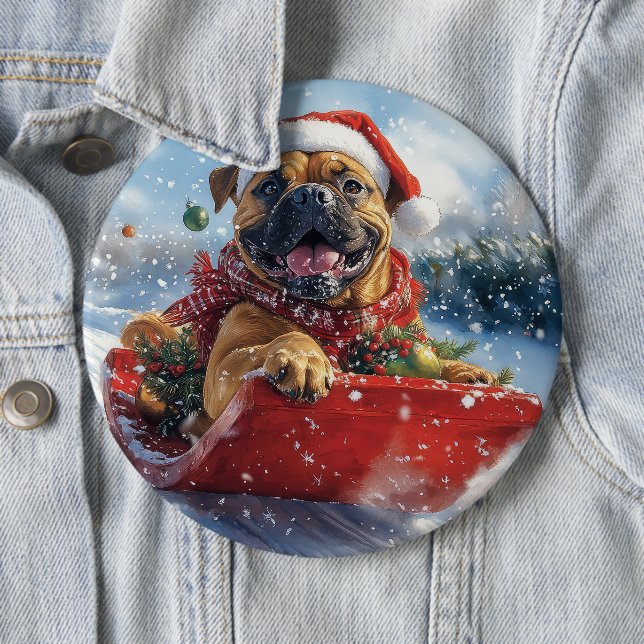 Bullmastiff Dog in Sledge Let it Snow Christmas 6 Inch Round Button (In Situ)