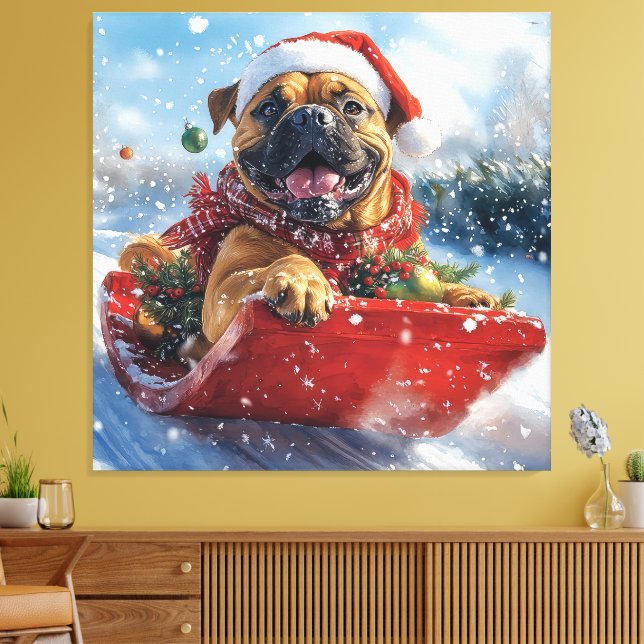 Bullmastiff Dog in Sledge Let it Snow Christmas Canvas Print (Insitu(LivingRoom))