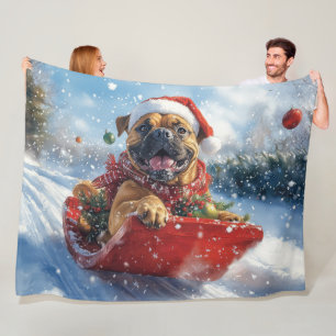 Bullmastiff Dog in Sledge Let it Snow Christmas Fleece Blanket