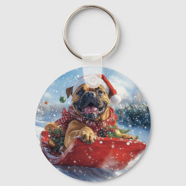 Bullmastiff Dog in Sledge Let it Snow Christmas Keychain (Front)