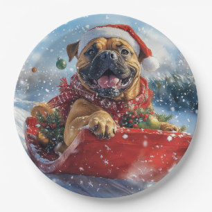 Bullmastiff Dog in Sledge Let it Snow Christmas Paper Plate