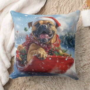 Bullmastiff Dog in Sledge Let it Snow Christmas Throw Pillow