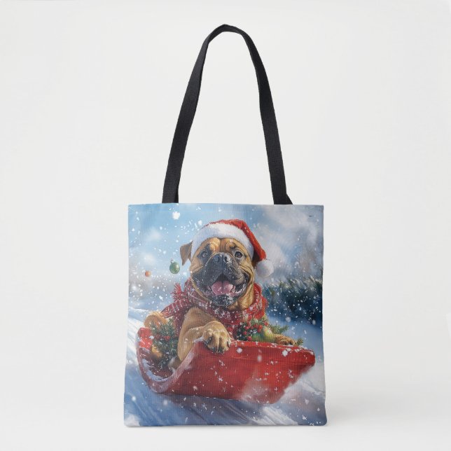 Bullmastiff Dog in Sledge Let it Snow Christmas Tote Bag (Front)
