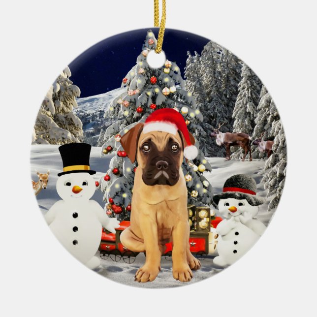 Bullmastiff Dog in snow Christmas Hat Lights Ceramic Ornament (Front)