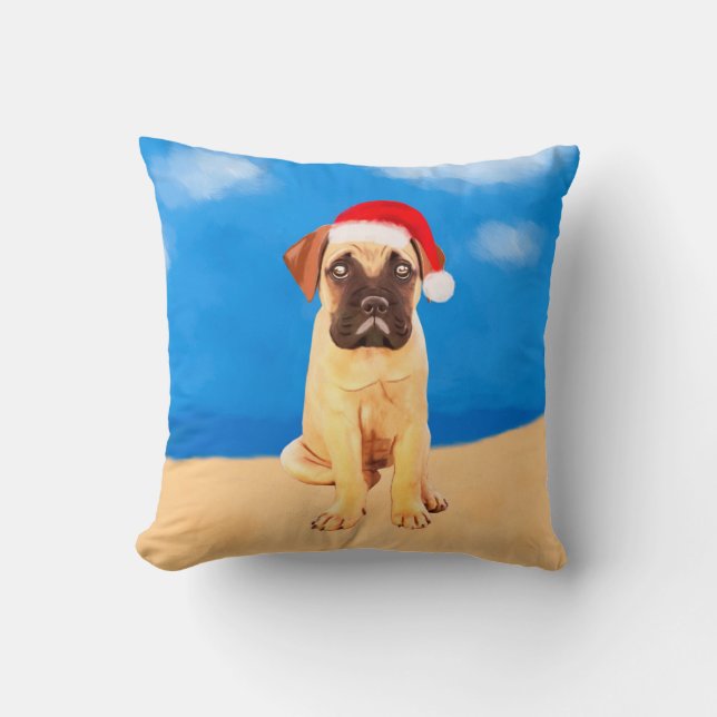 Bullmastiff Dog On Beach Christmas Holiday Throw Pillow (Front)