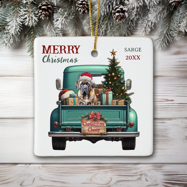 Bullmastiff Dog Retro Truck Christmas Ceramic Ornament (Creator Uploaded)