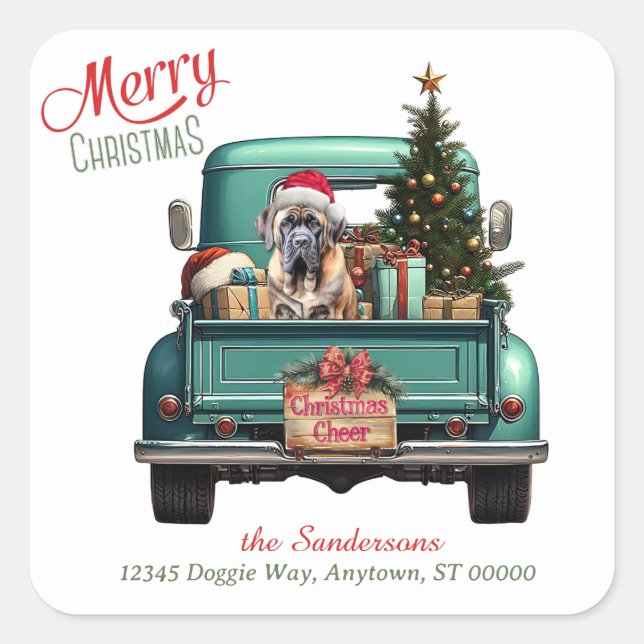 Bullmastiff Dog Retro Truck Christmas Square Sticker (Front)