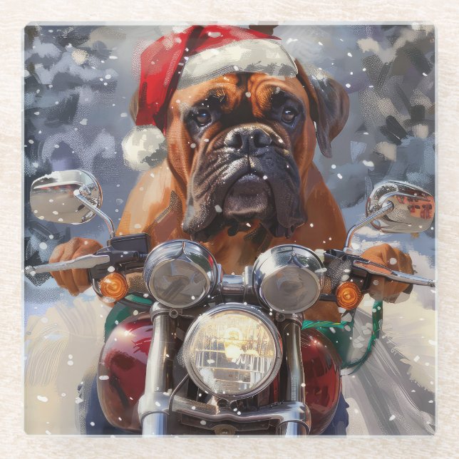 Bullmastiff Dog Riding Motorcycle Christmas  Glass Coaster (Front)