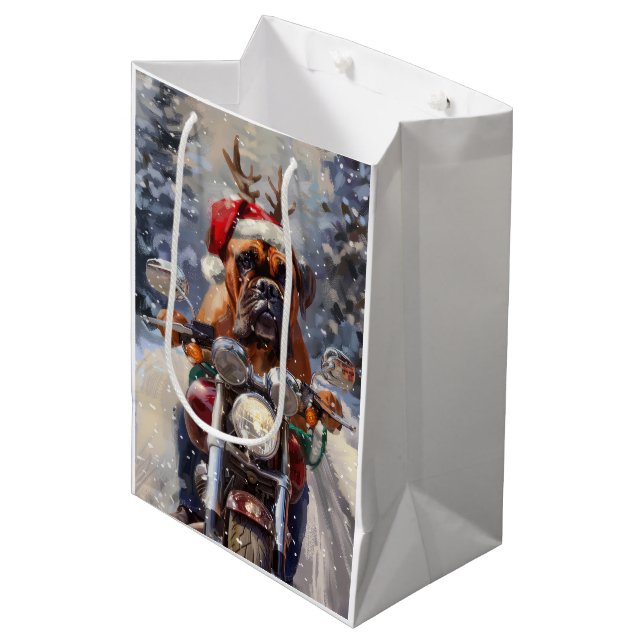 Bullmastiff Dog Riding Motorcycle Christmas  Medium Gift Bag (Front Angled)