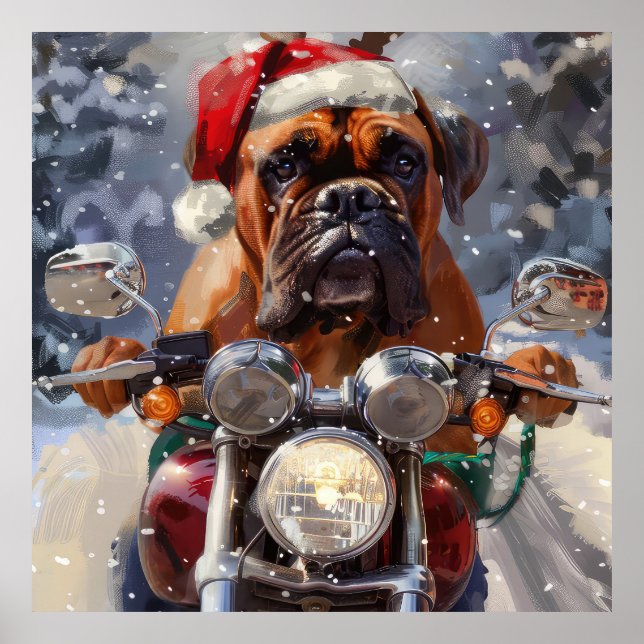 Bullmastiff Dog Riding Motorcycle Christmas  Poster (Front)