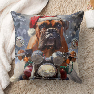 Bullmastiff Dog Riding Motorcycle Christmas  Throw Pillow
