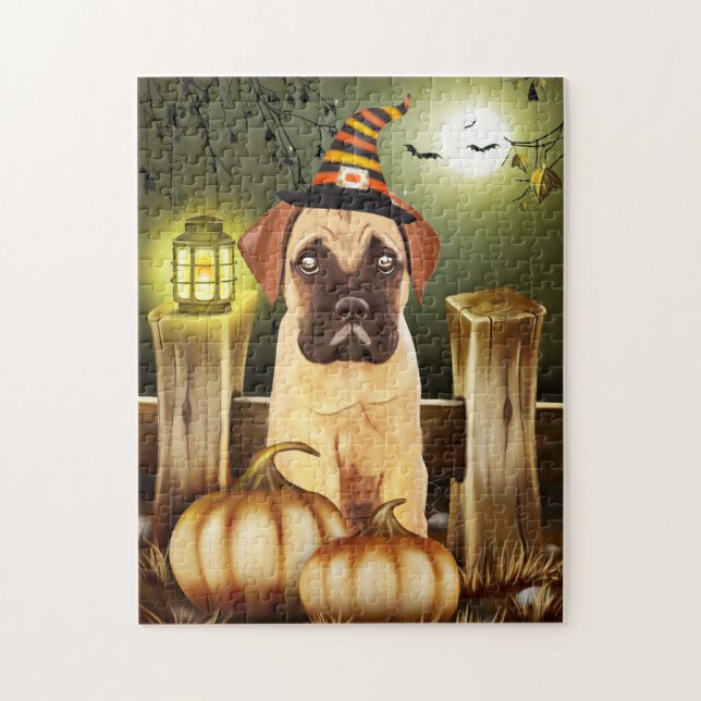 Bullmastiff Dog with Witch Hat Halloween Jigsaw Puzzle (Vertical)