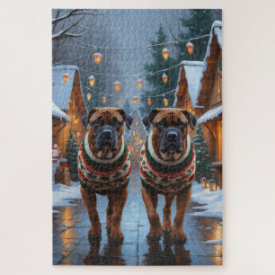 Bullmastiff Dogs Christmas Snow Holiday Jigsaw Puzzle