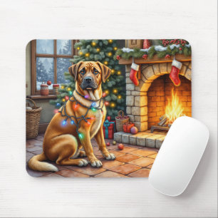 Bullmastiff Fireplace with Christmas Lights Mouse Pad