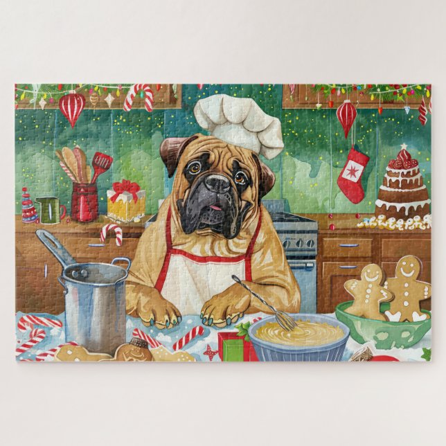 Bullmastiff Holiday Baking: Festive Christmas Jigsaw Puzzle (Horizontal)