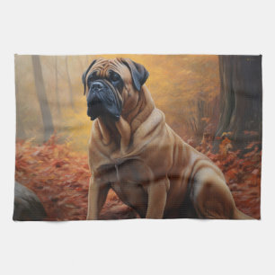 Bullmastiff in Autumn Leaves Fall Inspire Kitchen Towel
