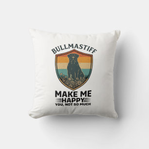 Bullmastiff Make Me Happy Dog Shield Retro Sunset Throw Pillow