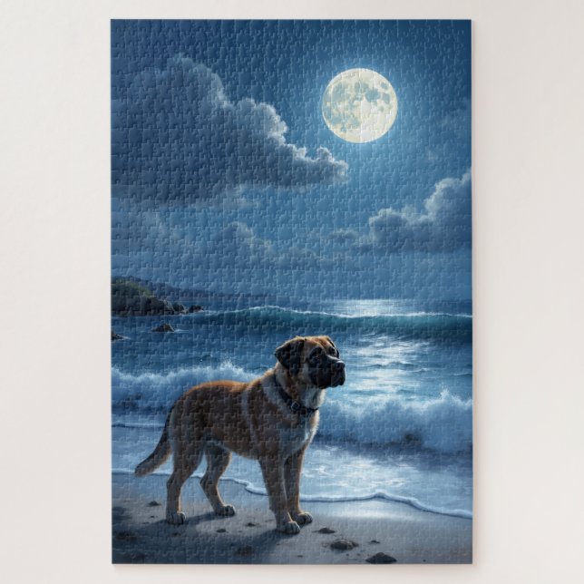 Bullmastiff Moonlight Beach Scene Jigsaw Puzzle (Vertical)