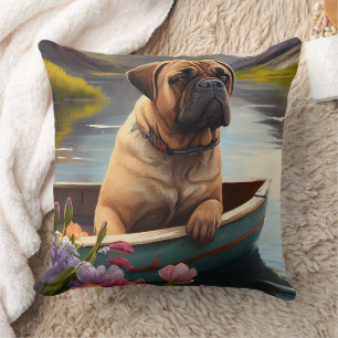 Bullmastiff on a Paddle: A Scenic Adventure Throw Pillow