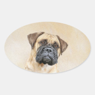 Bullmastiff Painting - Cute Original Dog Art Oval Sticker