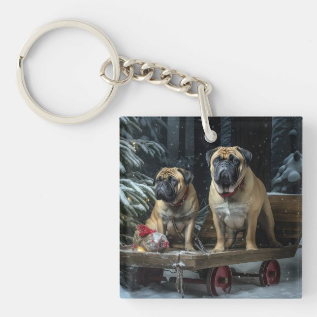 Bullmastiff Snowy Sleigh Christmas Decor  Keychain (Front)
