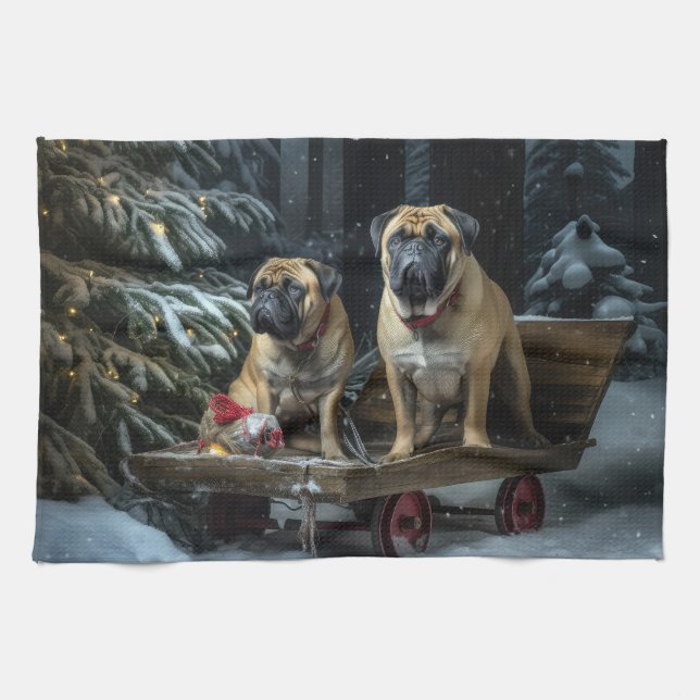 Bullmastiff Snowy Sleigh Christmas Decor  Kitchen Towel (Horizontal)