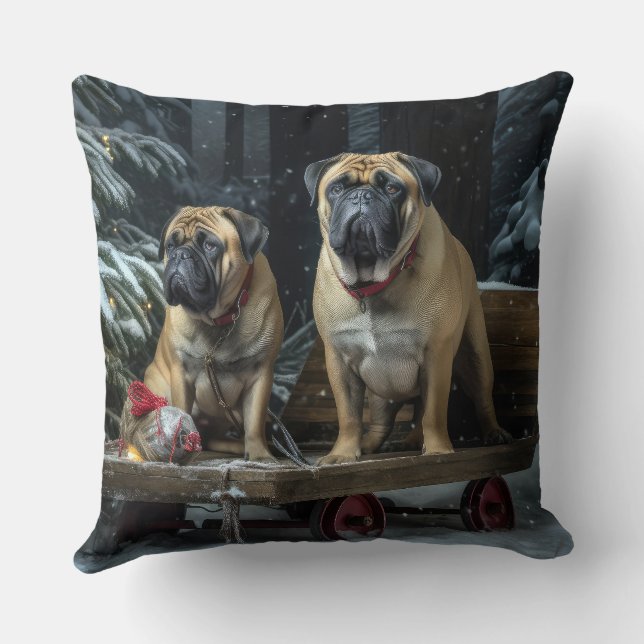 Bullmastiff Snowy Sleigh Christmas Decor  Throw Pillow (Back)