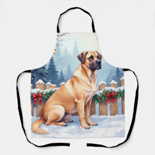Bullmastiff Winter Forest Holly Christmas Art Apron